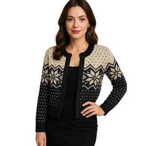 Black Cream Nordic Print Wool Blend Open Cardigan